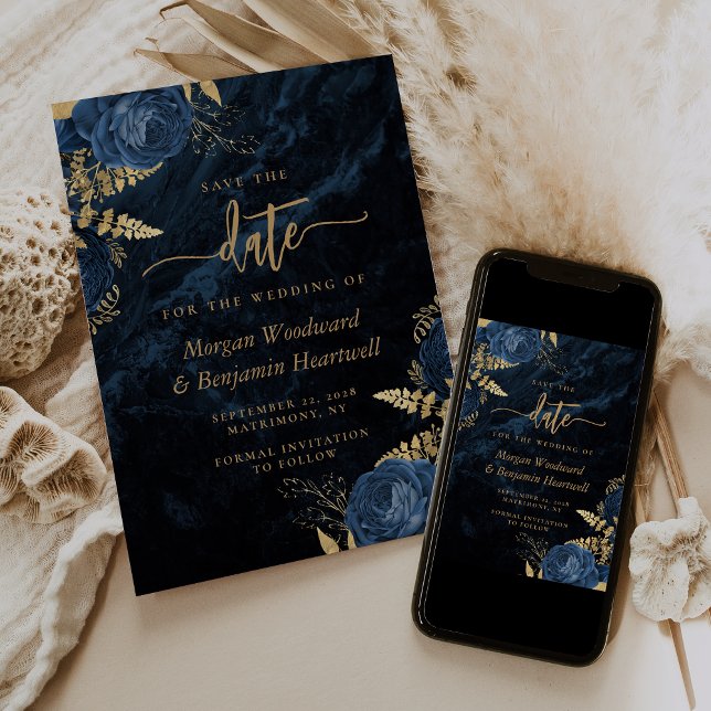 Elegant Navyblå Guld Blommig Bröllop Spara Datum Inbjudningar (Skapare uppladdad)