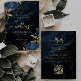 Elegant Navyblå Guld Blommig QR-kod Bröllop Inbjudningar