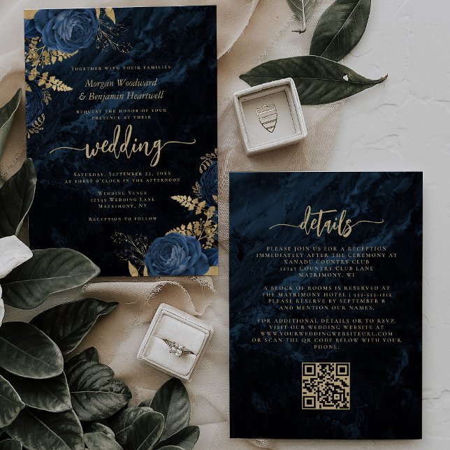 Elegant Navyblå Guld Blommig QR-kod Bröllop Inbjudningar (Skapare uppladdad)