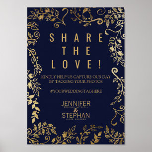 Elegant Navyblå Guld Blommig Sociala Media Foto Poster