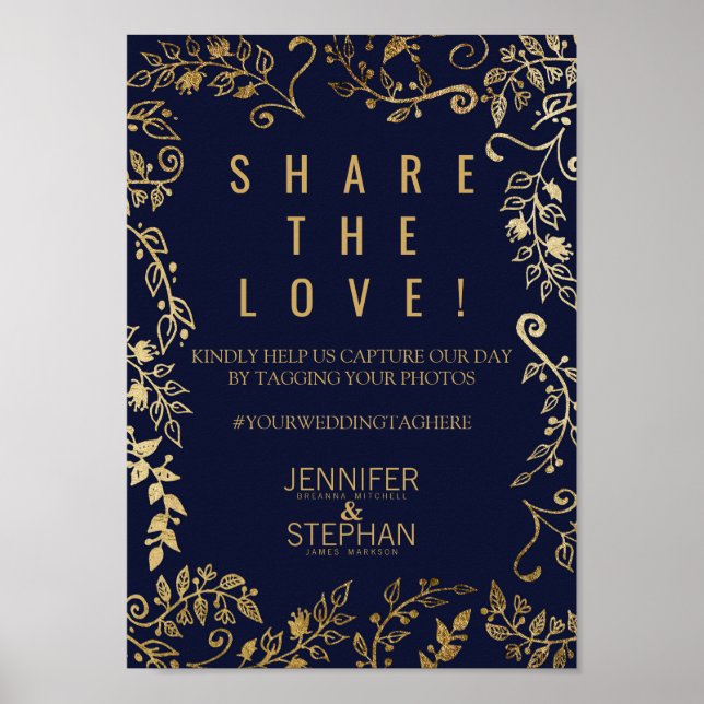 Elegant Navyblå Guld Blommig Sociala Media Foto Poster (Framsidan)