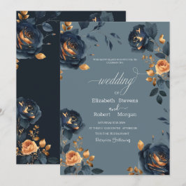 Elegant Navyblå Guld Blommor Bröllop Inbjudningar