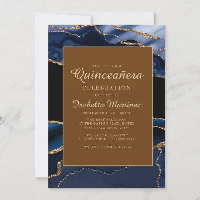 Elegant Navyblå Guld Marmor Agat Quinceañera Inbjudningar (Framsida)