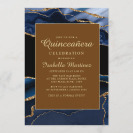 Elegant Navyblå Guld Marmor Agat Quinceañera Inbjudningar