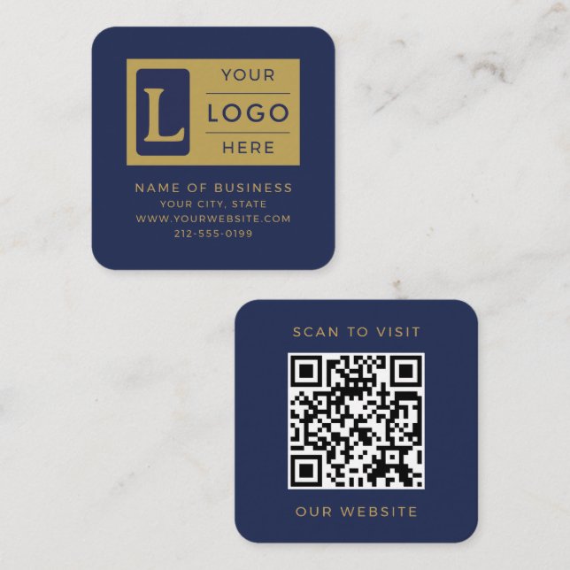 Elegant Navyblå Guld QR-kod Anpassad Logo Fyrkantigt Visitkort (Fram/baksida)