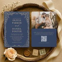 Elegant Navyblå Guld QR-kod Foto Bröllop