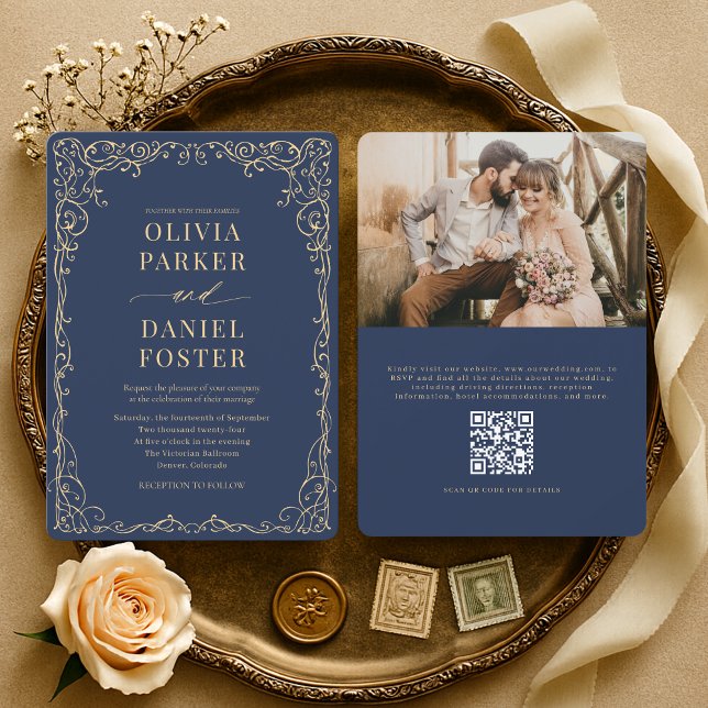 Elegant Navyblå Guld QR-kod Foto Bröllop Inbjudningar (Skapare uppladdad)