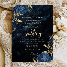 Elegant Navyblå Guld Skrift Blommig Bröllopsinbjud