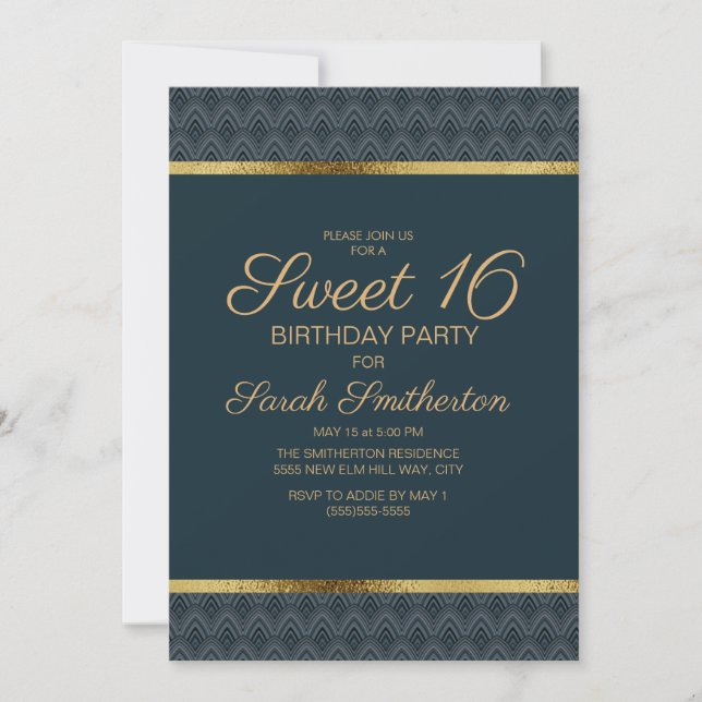 Elegant Navyblå Guld Sweet 16 Födelsedagsfest Inbjudningar (Framsida)