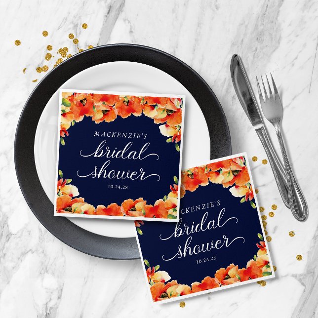 Elegant Navyblå Guldgul Vallmo Bröllopsdusch Pappersservett (Elegant Navy Blue Golden Poppy Bridal Shower Napkins)