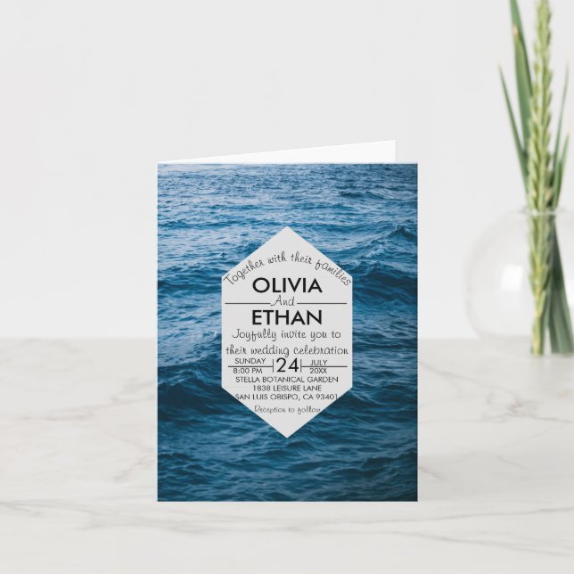Elegant Navyblå Havsvågor Bröllop Inbjudan (Framsida)