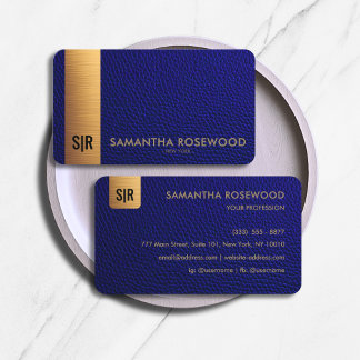 Elegant Navyblå Läder & Guld Bar Monogram Visitkort