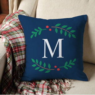 Elegant Navyblå Lagerbärsmonogramjul Kudde
