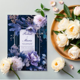 Elegant Navyblå Lavendel Vit Blommig Bröllop Inbjudningar