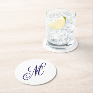 Elegant Navyblå Monogram Initial Underlägg Papper Rund