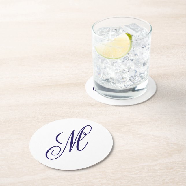 Elegant Navyblå Monogram Initial  Underlägg Papper Rund (Insitu)