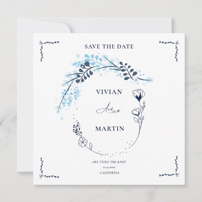Elegant Navyblå Monogrammblomma Spara Datum Inbjudningar (Framsida)