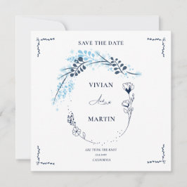 Elegant Navyblå Monogrammblomma Spara Datum Inbjudningar