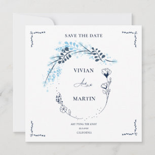 Elegant Navyblå Monogrammblomma Spara Datum Inbjudningar