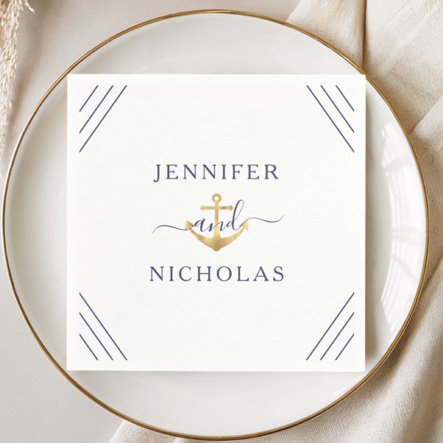 Elegant Navyblå Nautilus Ankare Bröllop  Pappersservett (Elegant Navy Blue Nautical Anchor Wedding Napkins)