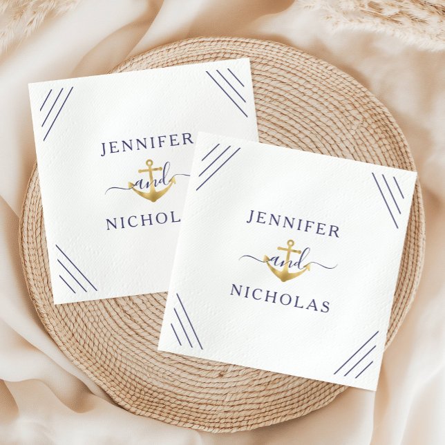 Elegant Navyblå Nautilus Ankare Bröllop  Pappersservett (Elegant Navy Blue Nautical Anchor Wedding Napkins)
