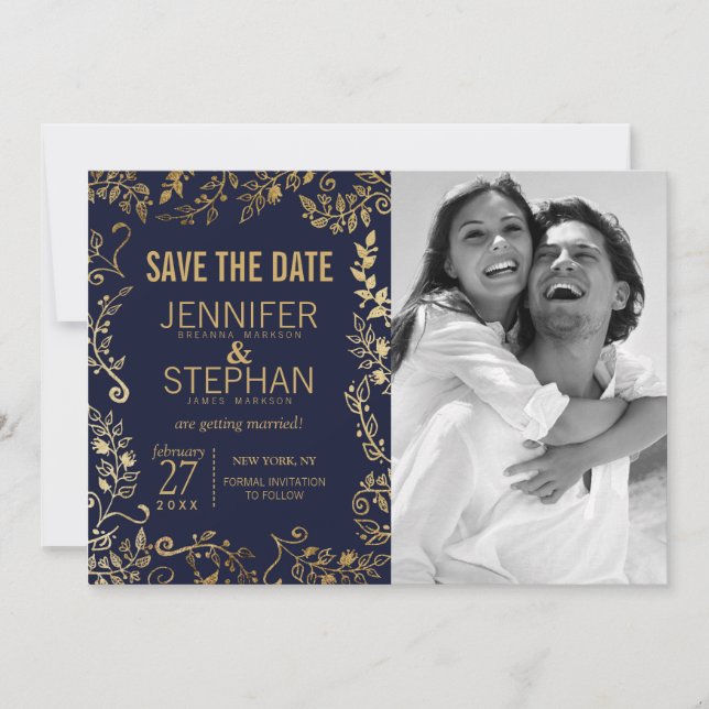 Elegant Navyblå och Guld Blommig Spara Datum Datumet (Framsida)