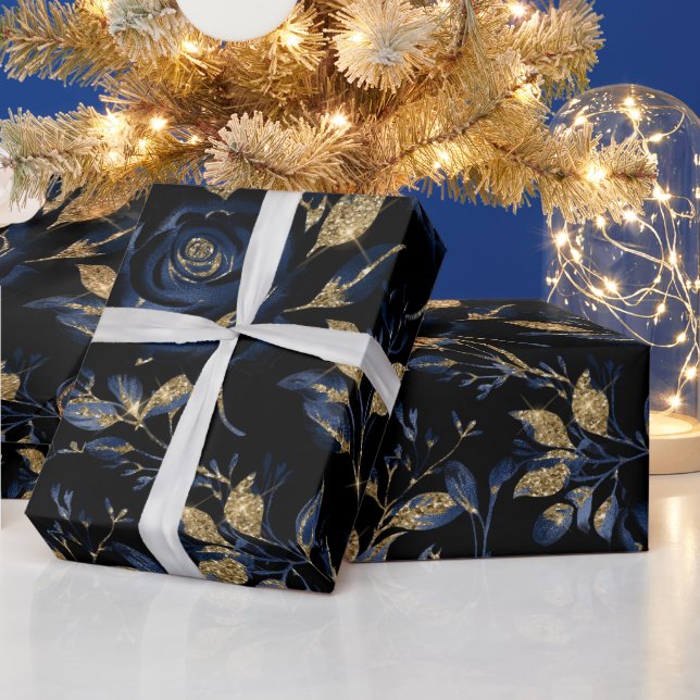 Elegant Navyblå och Guld Ros Blommig Mönster Presentpapper (Helgdagar)
