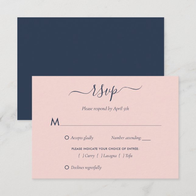 Elegant Navyblå och Rosafärgad Bröllops-Svarskort OSA Kort (Fram/baksida)