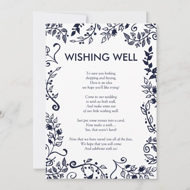 Elegant Navyblå och Vit Blommig Önskebrunn Inbjudningar (Framsida)