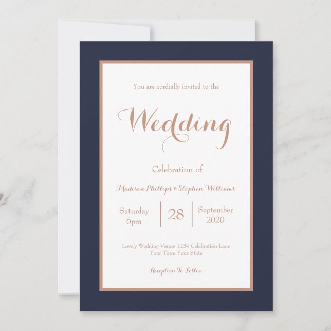 Elegant Navyblå och Vit Falsk Rosen Guld Bröllop Inbjudningar (Framsida)