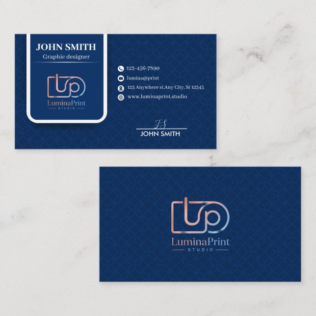 Elegant Navyblå Professionell Studio Anpassad Logo Visitkort (Fram/baksida)