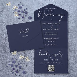 Elegant Navyblå QR-kod Monogram Bröllop