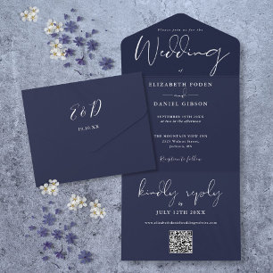 Elegant Navyblå QR-kod Monogram Bröllop