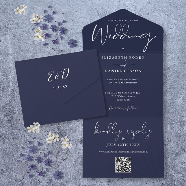 Elegant Navyblå QR-kod Monogram Bröllop (Elegant Navy Blue QR Code Monogram Wedding All In One Invitation)