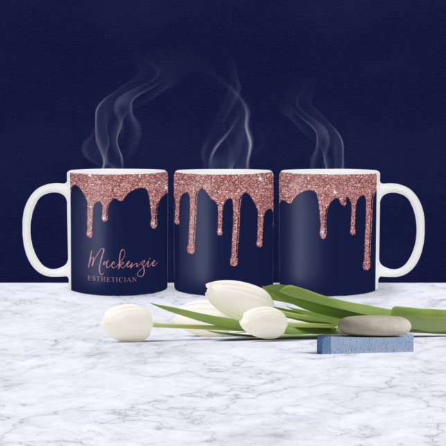 Elegant Navyblå Rosa Guld Glitter Glans Droppar Kaffemugg (Skapare uppladdad)