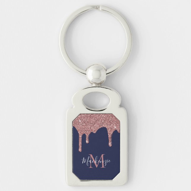 Elegant Navyblå Rosa Guld Glitterdroppar Monogram Rektangulärt Silverfärgad Nyckelring (Framsidan)