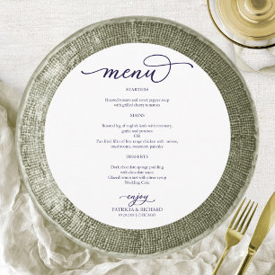 Elegant Navyblå Script Rund Bröllopsmeny Meny
