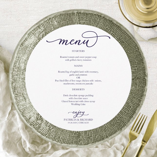 Elegant Navyblå Script Rund Bröllopsmeny Meny (Skapare uppladdad)