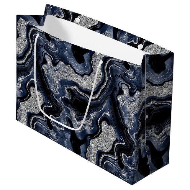Elegant Navyblå & Silver Glitter Agate Födelsedag (Framsidan Vinklad)