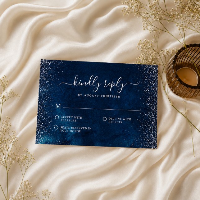 Elegant Navyblå Silverglitter Bröllop  OSA Kort (Skapare uppladdad)