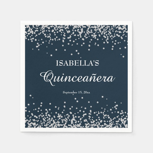 Elegant Navyblå Silverglitter Quinceanera Pappersservett (Framsidan)
