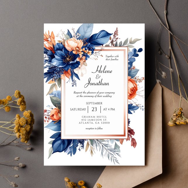 Elegant Navyblå Terrakotta Blommig Boho Bröllop Inbjudningar (Elegant Navy Blue Terracotta Floral Boho Wedding Invitation)