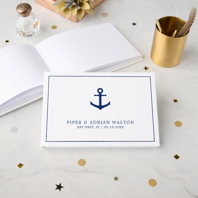 Elegant Navyblå Vit Ankare Bröllop Marin Inredning Gästböcker (Framsida öppen)