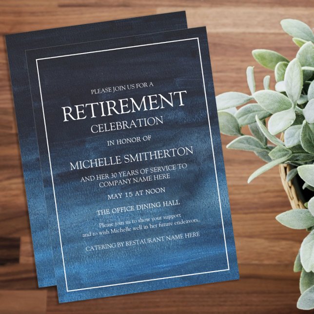 Elegant Navyblå Vit Pensionärsfest Inbjudningar (Navy blue retirement party invitation)