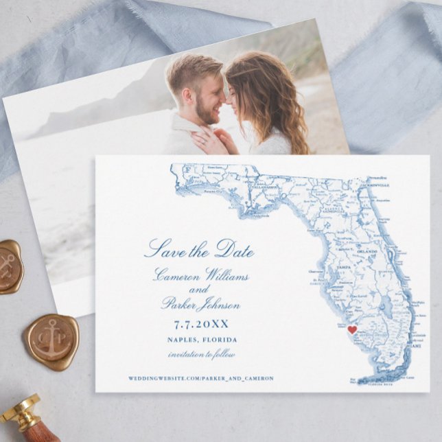 Elegant Neapel Florida Bröllop flottan Karta Spara Datumet (Elegant Naples Florida Map Wedding Save the Dates in navy blue by Coastal Map Designs)