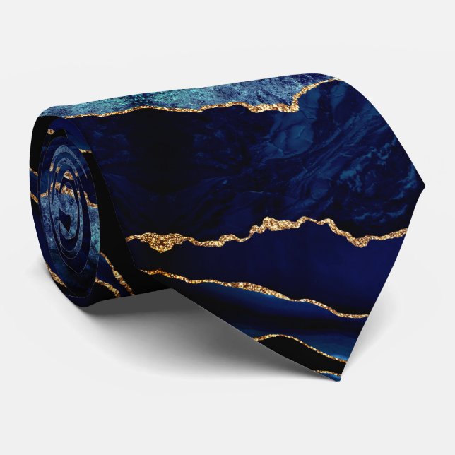Elegant Neck Tie Agate Navy Blue Guld Marble Slips (Rullad)