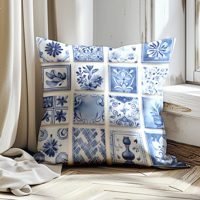 Elegant Nederländska Blommönstret Delft Blue Vinta Kudde (Elegant Dutch Delft blue decorator pillow)