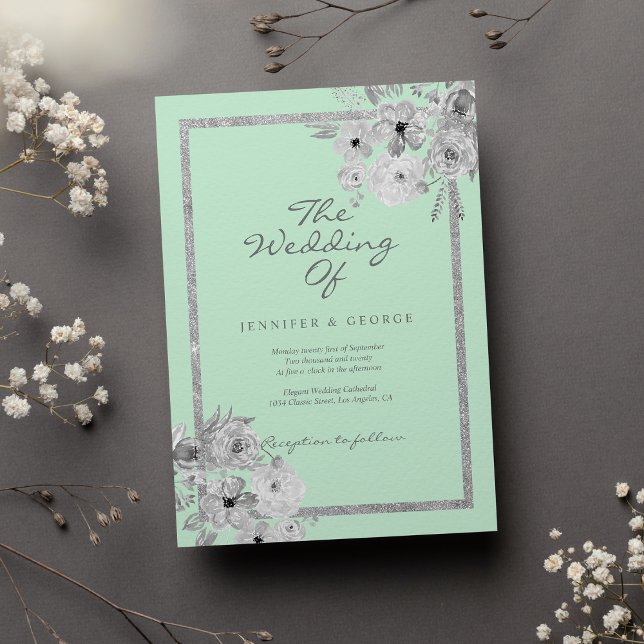 Elegant neo mint vit silver glitter blommande bröl inbjudningar (Chic neo mint white silver glitter floral wedding)