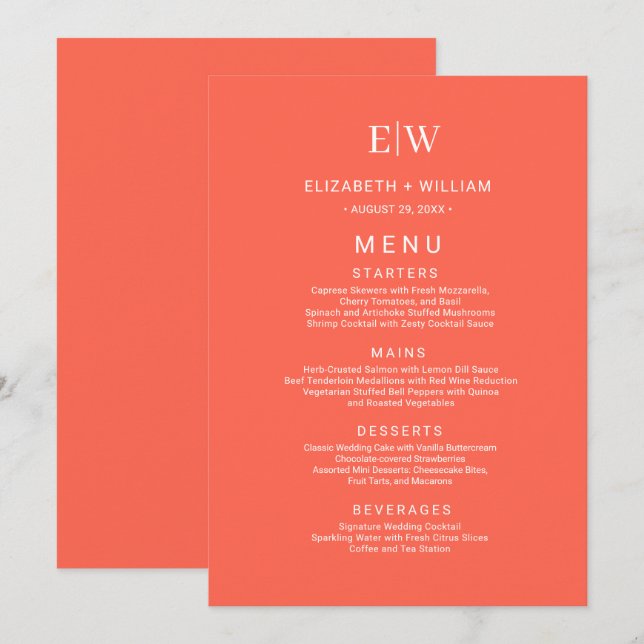 Elegant Neon Flare med Monogram Bröllop Meny (Fram/baksida)