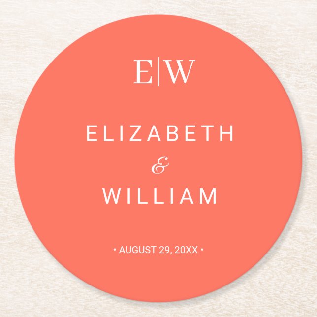 Elegant Neon Flare med Monogram Bröllop Underlägg Papper Rund (Framsidan)